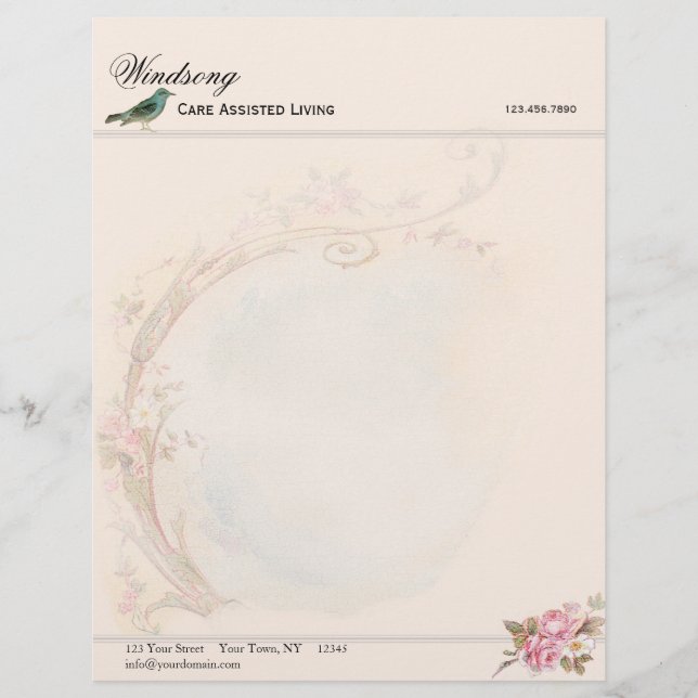 Vintages rosa Rosen-und Robin-Hochzeits-Geschäft Briefkopf (Vorderseite)