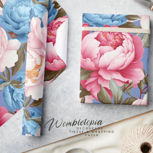 Vintages Rosa und Blaue Peonie Frühlingsblumen Geschenkpapier (Von Creator hochgeladen)