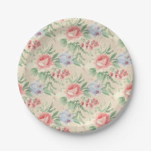 Vintages rosa und blaues Blume-Muster Pappteller
