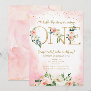 Vintages Rosa und Goldflora Erster Geburtstag Einladung
