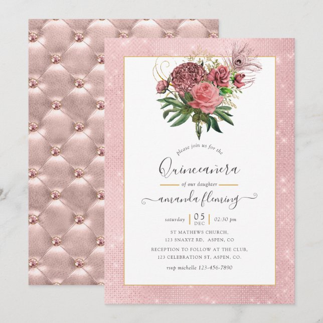 Vintages Rosa und Goldmasquerade Quinceñera Einladung (Vorne/Hinten)