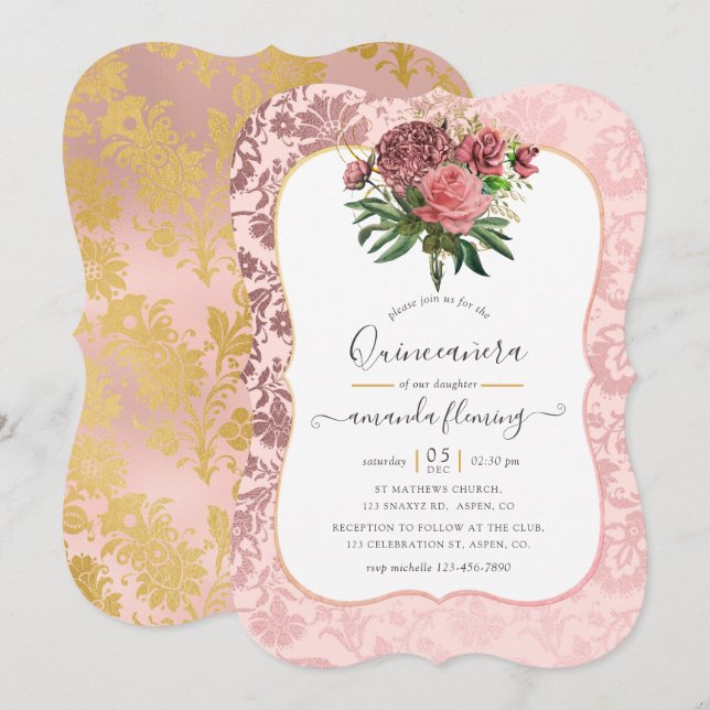 Vintages Rosa und Goldmasquerade Quinceñera Einladung (Vorne/Hinten)