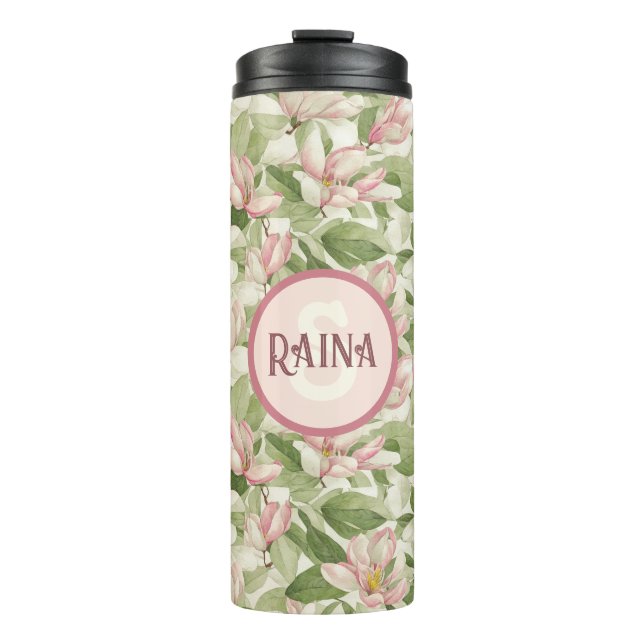 Vintages Rosa und weiße Magnolien Personalisiert Thermosbecher (Vorderseite)