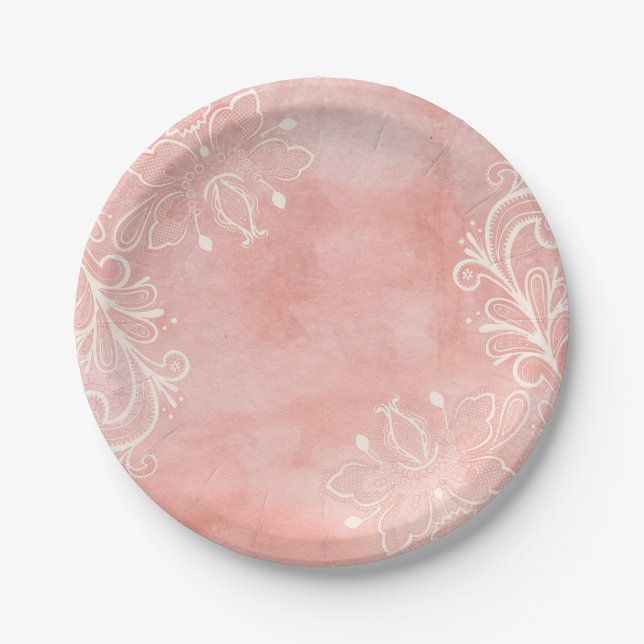 Vintages Rosa und Weiße Spitzen Shabby Chic Pappteller (Vorderseite)