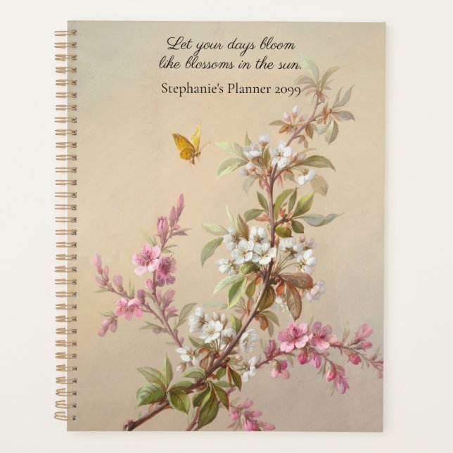 Vintages rosa Weißblütenangebot Planer (Vorderseite)