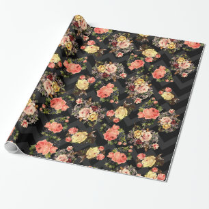 Vintages Rosen-Schwarz-Zickzack Muster mit Blumen Geschenkpapier