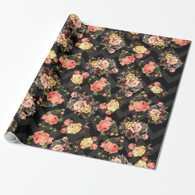 Vintages Rosen-Schwarz-Zickzack Muster mit Blumen Geschenkpapier (Ungerollt)