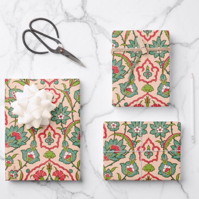Vintages Rot-Grün-Arabisches Blumenmuster Geschenkpapier Set (Vorderseite)