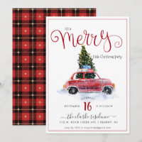 Vintages Rotes Auto mit Weihnachtsbaum Einladung