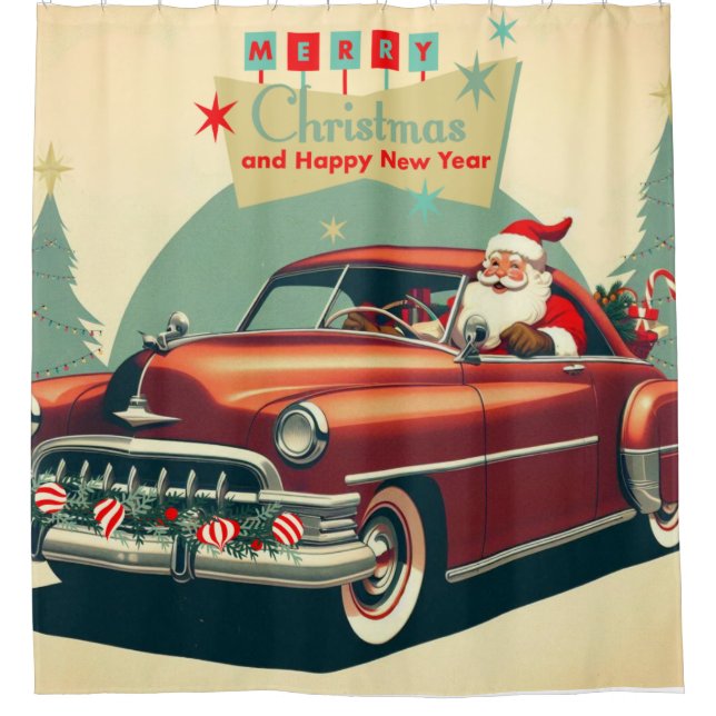Vintages rotes Auto & Santa Duschvorhang (Vorderseite)