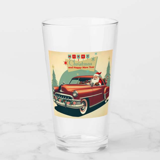 Vintages rotes Auto & Santa Glas (Vorderseite)