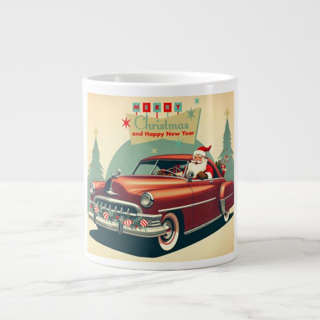 Vintages rotes Auto & Santa Jumbo-Tasse (Vorderseite)