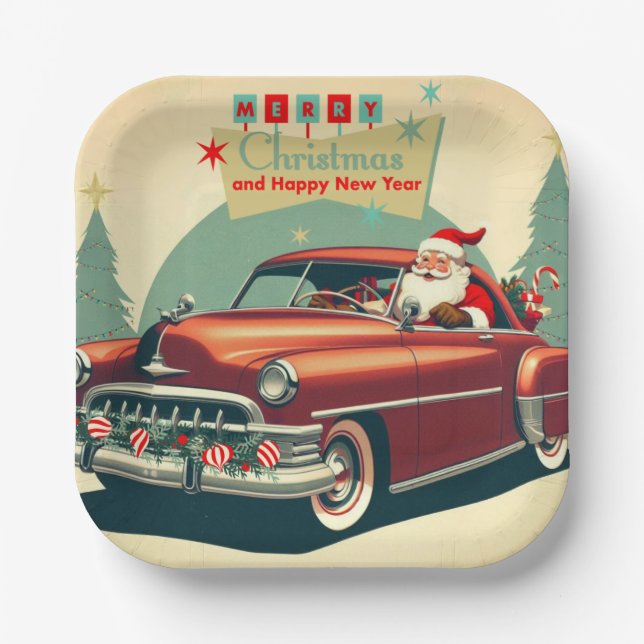 Vintages rotes Auto & Santa Pappteller (Vorderseite)