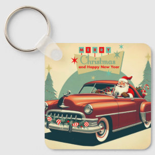 Vintages rotes Auto & Santa Schlüsselanhänger