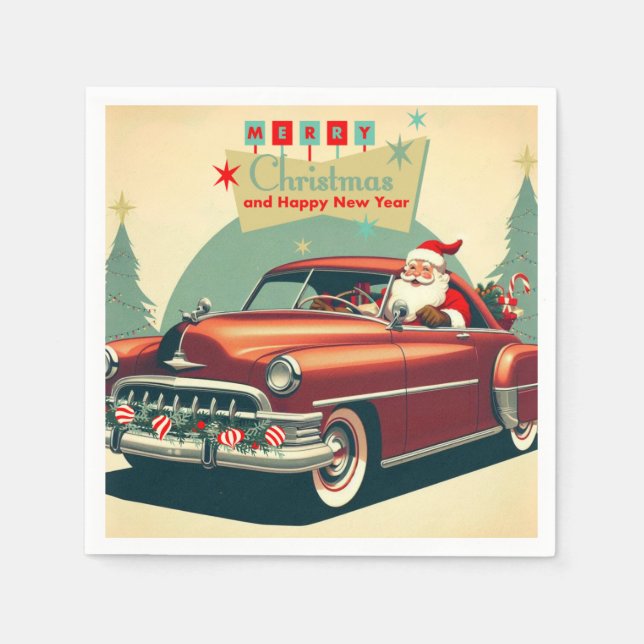 Vintages rotes Auto & Santa Serviette (Vorderseite)