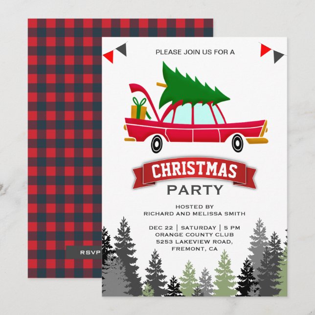 Vintages rotes Auto-WeihnachtsParty Einladung (Vorne/Hinten)