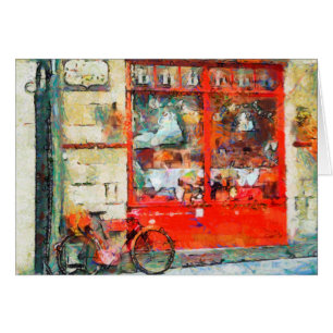 Vintages rotes Geschäft, Fahrrad, bunte Kunstkarte