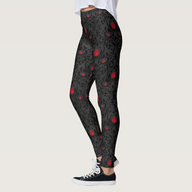 Vintages rotes Gothic-Rose Damask-Muster Leggings (Links)