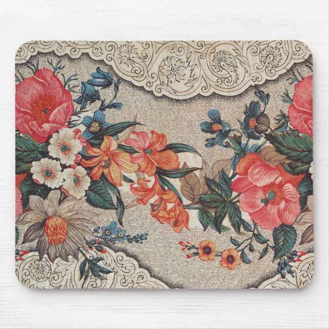Vintages, rotes, weißes Blume Mousepad (Vorne)
