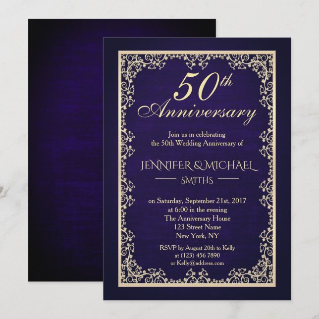 Vintages Royal Blue Wedding Jubiläum Einladung (Vorne/Hinten)