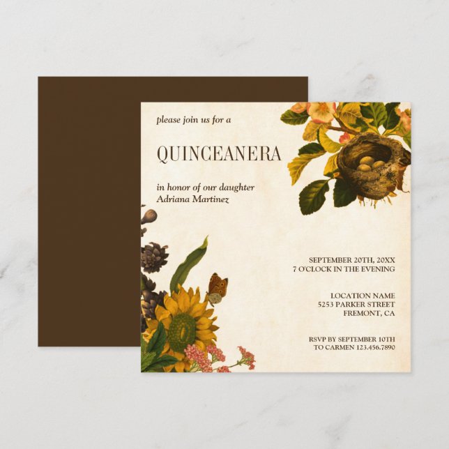 Vintages rustikales Blumenvogel-Nest Quinceanera Einladung (Vorne/Hinten)