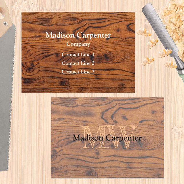 Vintages rustikales Braunholz Karpenter Monogramm Visitenkarte (Custom business card for men, carpenter, wood worker, handy man... )