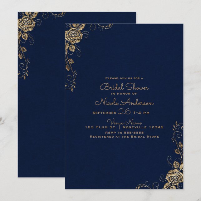 Vintages rustikales Glam Rose Blue & Gold Brautpar Einladung (Vorne/Hinten)