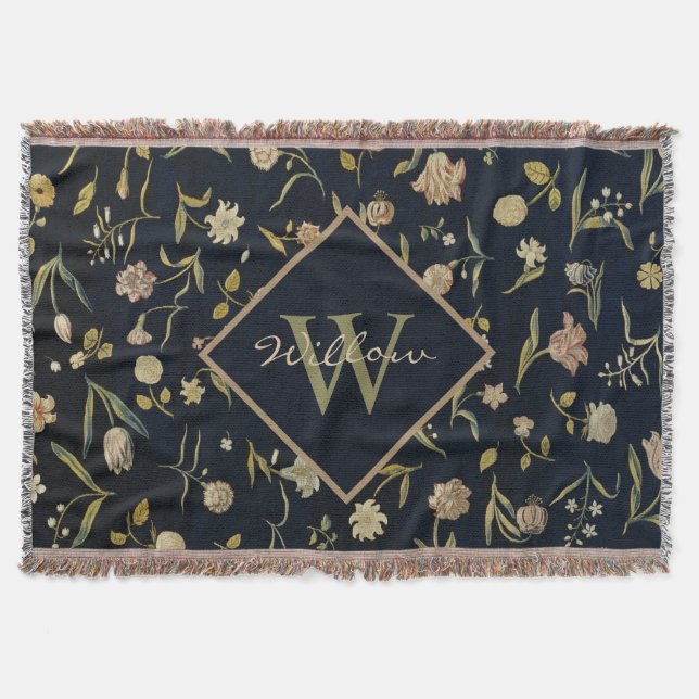 Vintages Rustikales Monogram Floral Rug Muster Decke (Vorderseite)