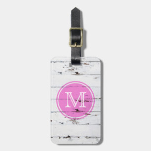 Vintages rustikales Weißholz, gürtelrosa Monogramm Gepäckanhänger