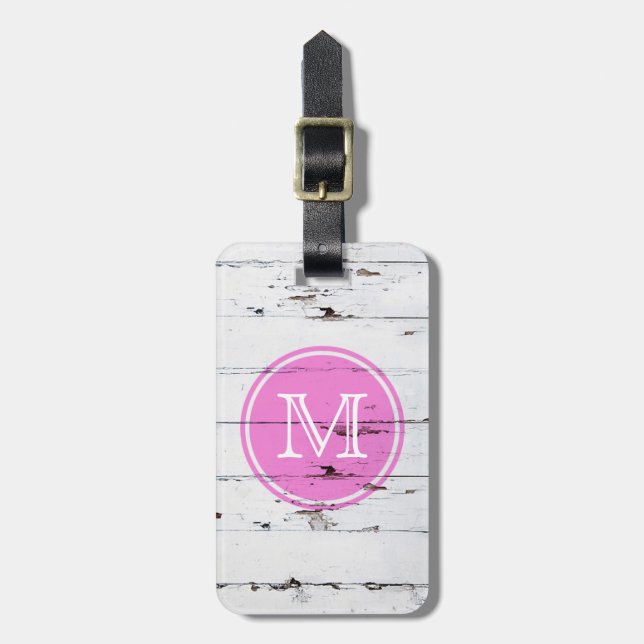 Vintages rustikales Weißholz, gürtelrosa Monogramm Gepäckanhänger (Vorderseite vertikal)