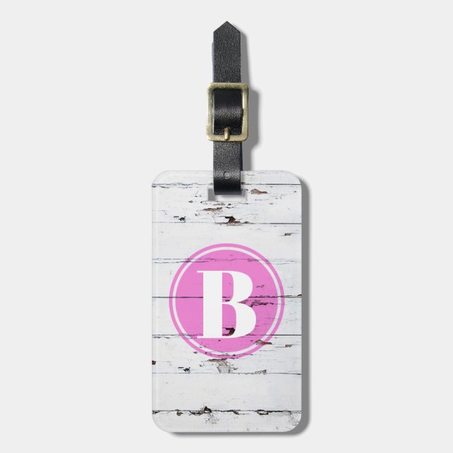 Vintages rustikales Weißholz, gürtelrosa Monogramm Gepäckanhänger (Vorderseite vertikal)