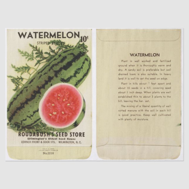 Vintages Saatgut Wassermelon und Hinweise Seidenpapier (Vorderseite)