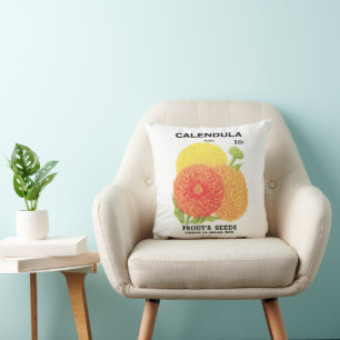 Vintages Saatgutpackungs-Label Art, Calendula-Blum Kissen
