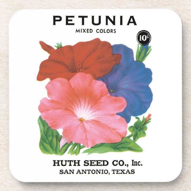 Vintages Saatgutpackungs-Label Art, Petunia-Blume Getränkeuntersetzer (Vorderseite)