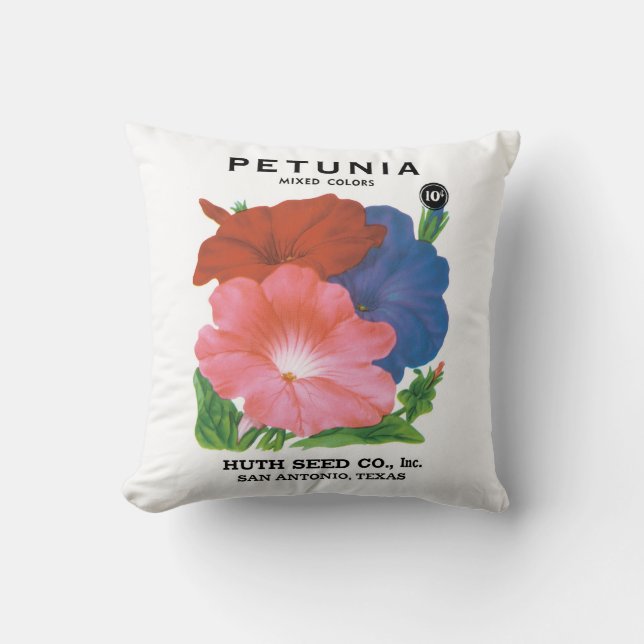 Vintages Saatgutpackungs-Label Art, Petunia-Blume Kissen (Vorderseite)