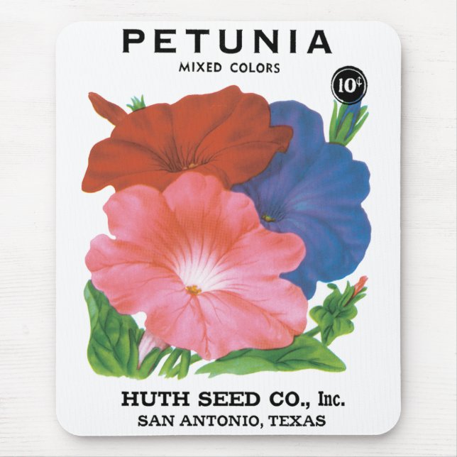 Vintages Saatgutpackungs-Label Art, Petunia-Blume Mousepad (Vorne)