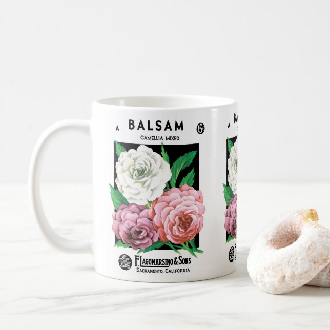 Vintages Saatgutpackungs-Label Kunst, Kamelien, Bl Kaffeetasse (Mit Donut)