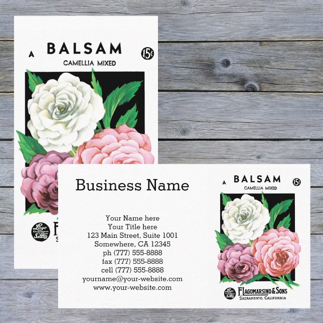 Vintages Saatgutpackungs-Label Kunst, Kamelien, Bl Visitenkarte (Von Creator hochgeladen)