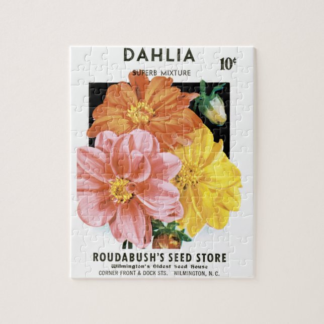 Vintages Saatgutpaket Kunst, Dahlia Garden Blume (Vertikal)