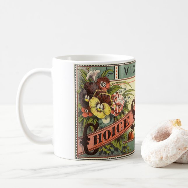 Vintages Saatgutverpackungs-Label Kunst, Auswahl a Kaffeetasse (Mit Donut)