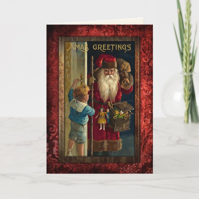 Vintages Santa Bringspielzeug Feiertagskarte (Vorderseite)