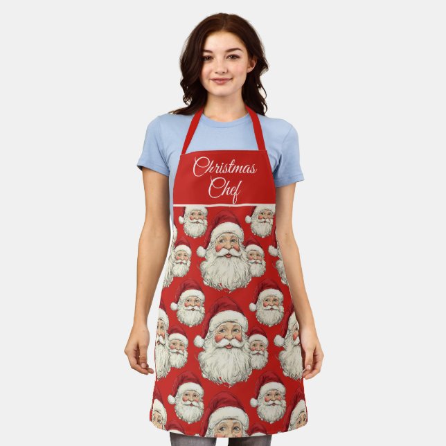 Vintages Santa Face Pattern Red Schürze (Getragen)