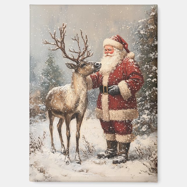 Vintages Santa Petting einer Rentiermalerei Magnet (Vorderseite)