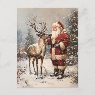 Vintages Santa Petting einer Rentiermalerei Postkarte