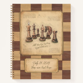 Vintages Schachbrett und Schachfiguren, Spielerges Notizbuch