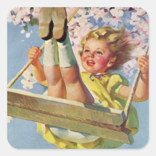 Vintages Schauen, Girl Swinging in a Tree Kinder s Quadratischer Aufkleber