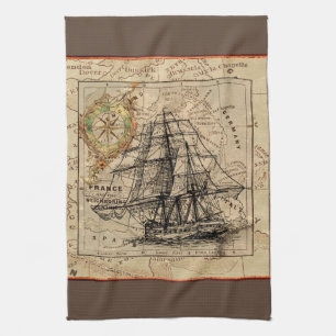 Vintages Schiff und Karte Geschirrtuch