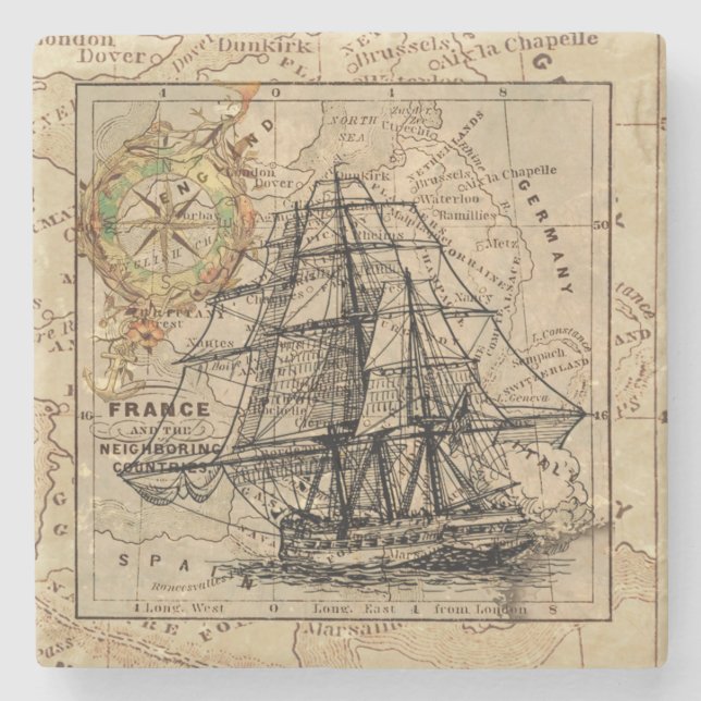 Vintages Schiff und Karte Steinuntersetzer (Vorderseite)