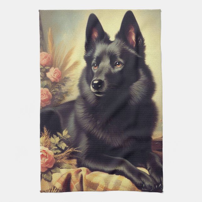 Vintages Schipperke Dog Gemälde Geschirrtuch (Vertikal)