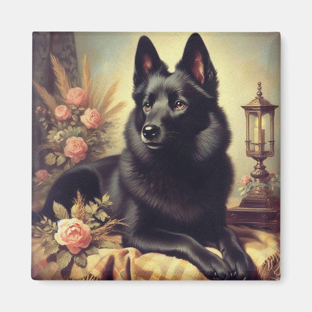 Vintages Schipperke Dog Gemälde Magnet (Vorne)